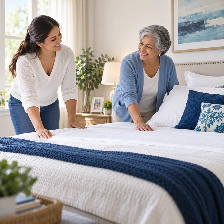 Mujeres preparando juntas una cama cómoda y limpia